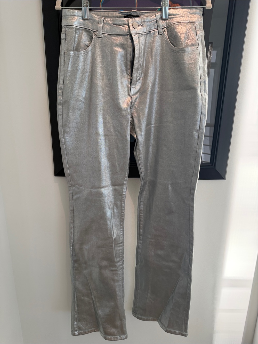 Boston Proper Metallic Silver Flare & Wide Leg Jeans